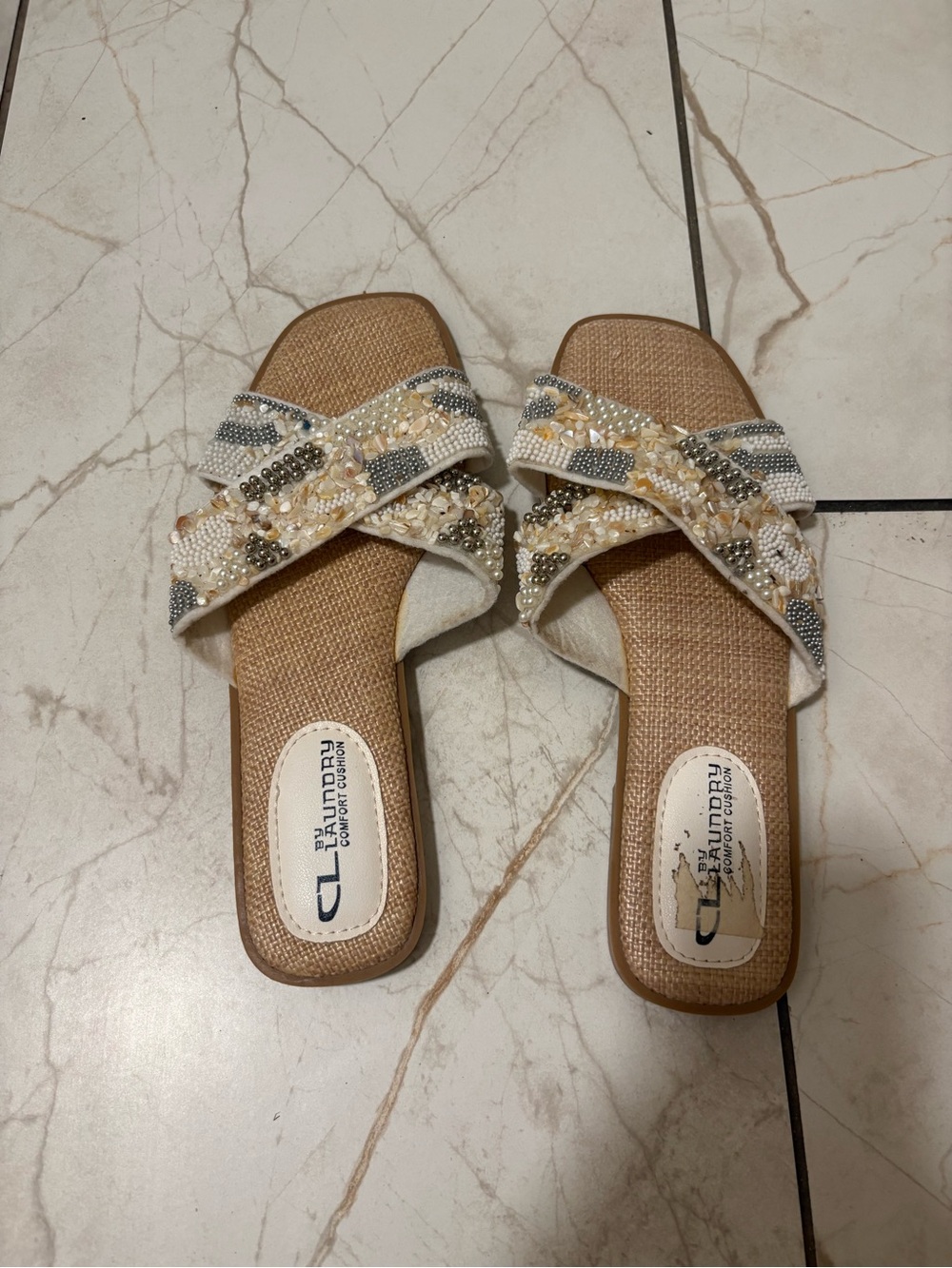 CL by Laundry Beaded Crisscross Slide Sandals in Beige and White